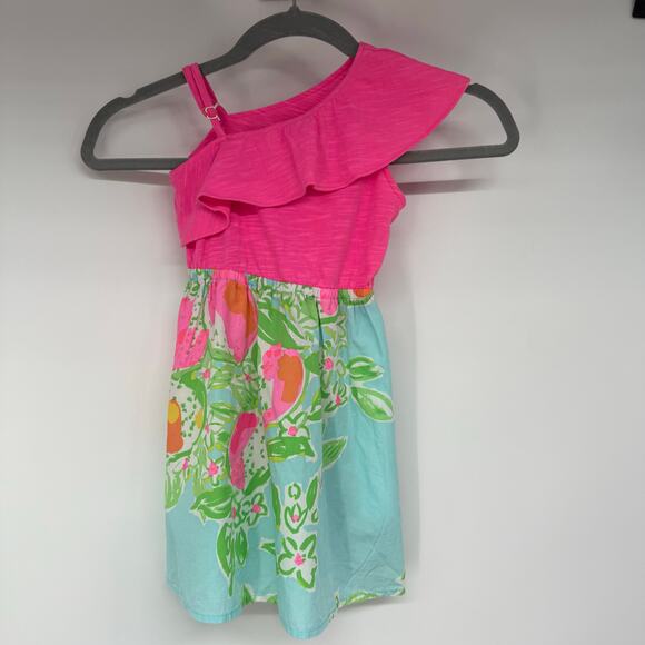 Lilly Pulitzer Other - Lilly Pulitzer Flamingo Dress Girls Size S (4-5) Pink Asymmetrical Neck Ruffle